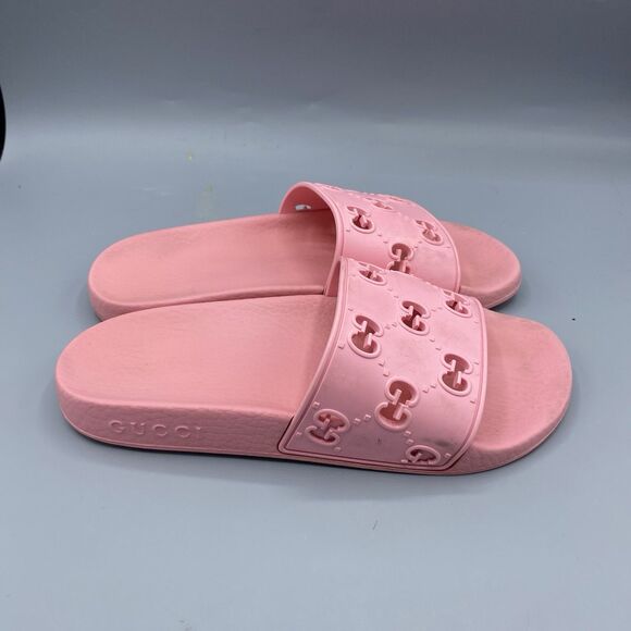 Gucci Rose Pink Rubber GG Logo Slide Sandals Authentic Women Size 36 5.5/6 - Picture 2 of 7